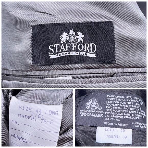 Stafford 100% Wool Notch Collar Tuxedo Suit Black Mens 44L 40x30 Pleated Pants - Picture 13 of 13